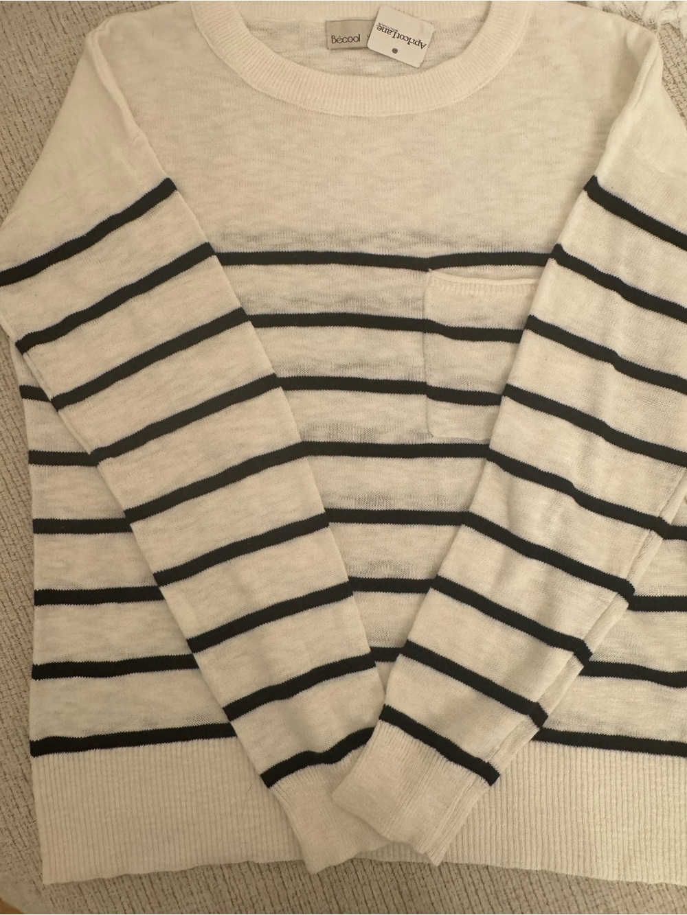 BE COOL Cream and Black Striped Crewneck Sweater